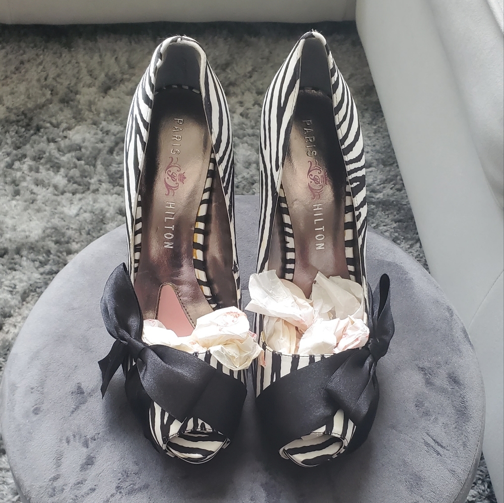 Paris Hilton black and white heels with bow